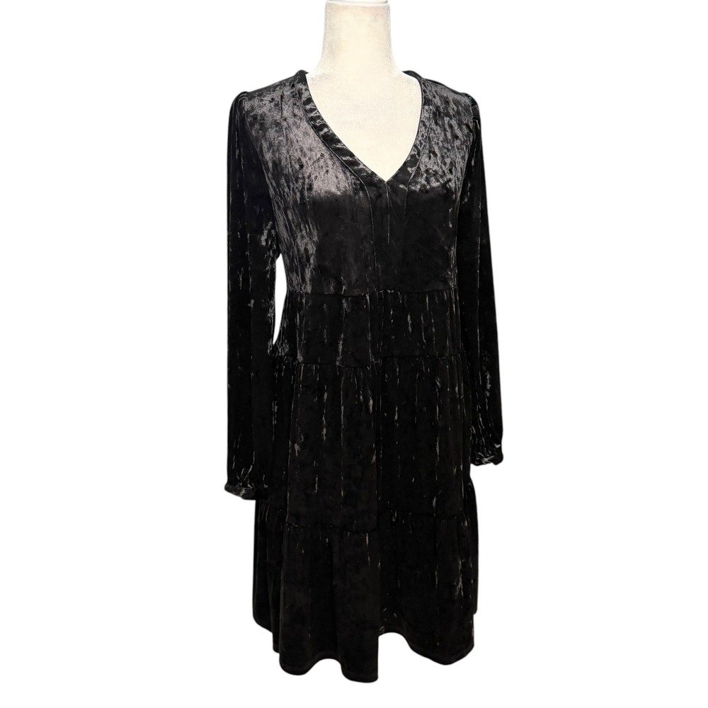 Adyson Parker Dress‎ Women M Black Velour Velvet Tiered Babydoll V-Neck Long Slv